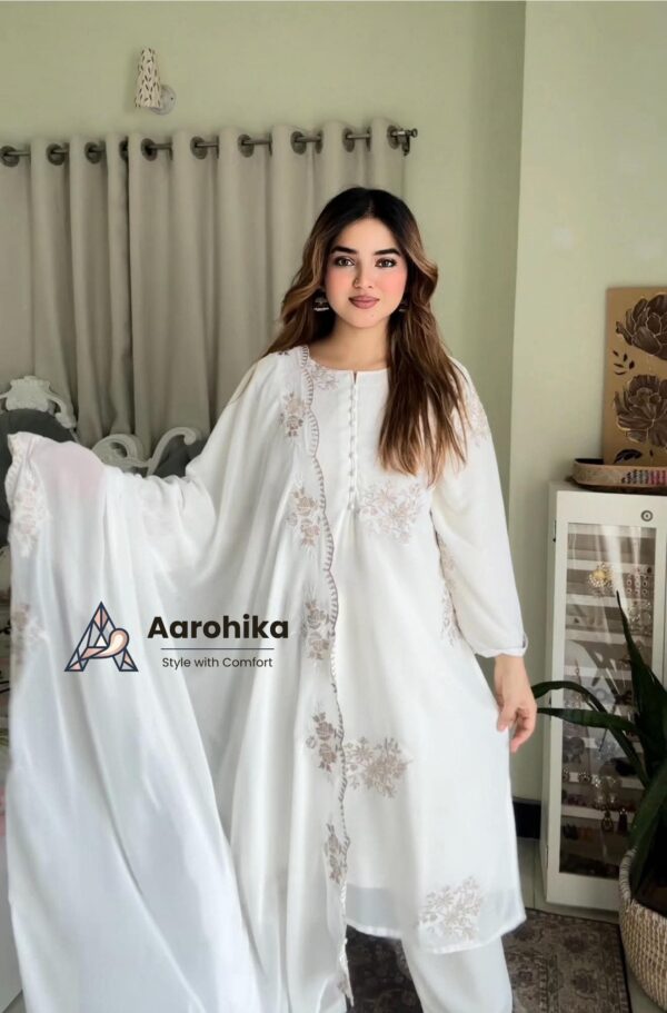 প্রিমিয়াম সাদা বাহার কটন এমব্রয়ডারি থ্রি-পিস