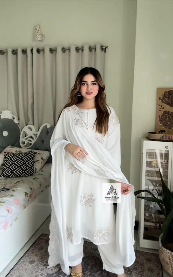 প্রিমিয়াম সাদা বাহার কটন এমব্রয়ডারি থ্রি-পিস